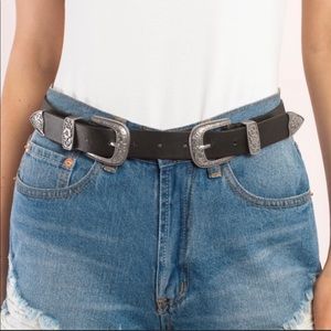 Black double buckled leather belt